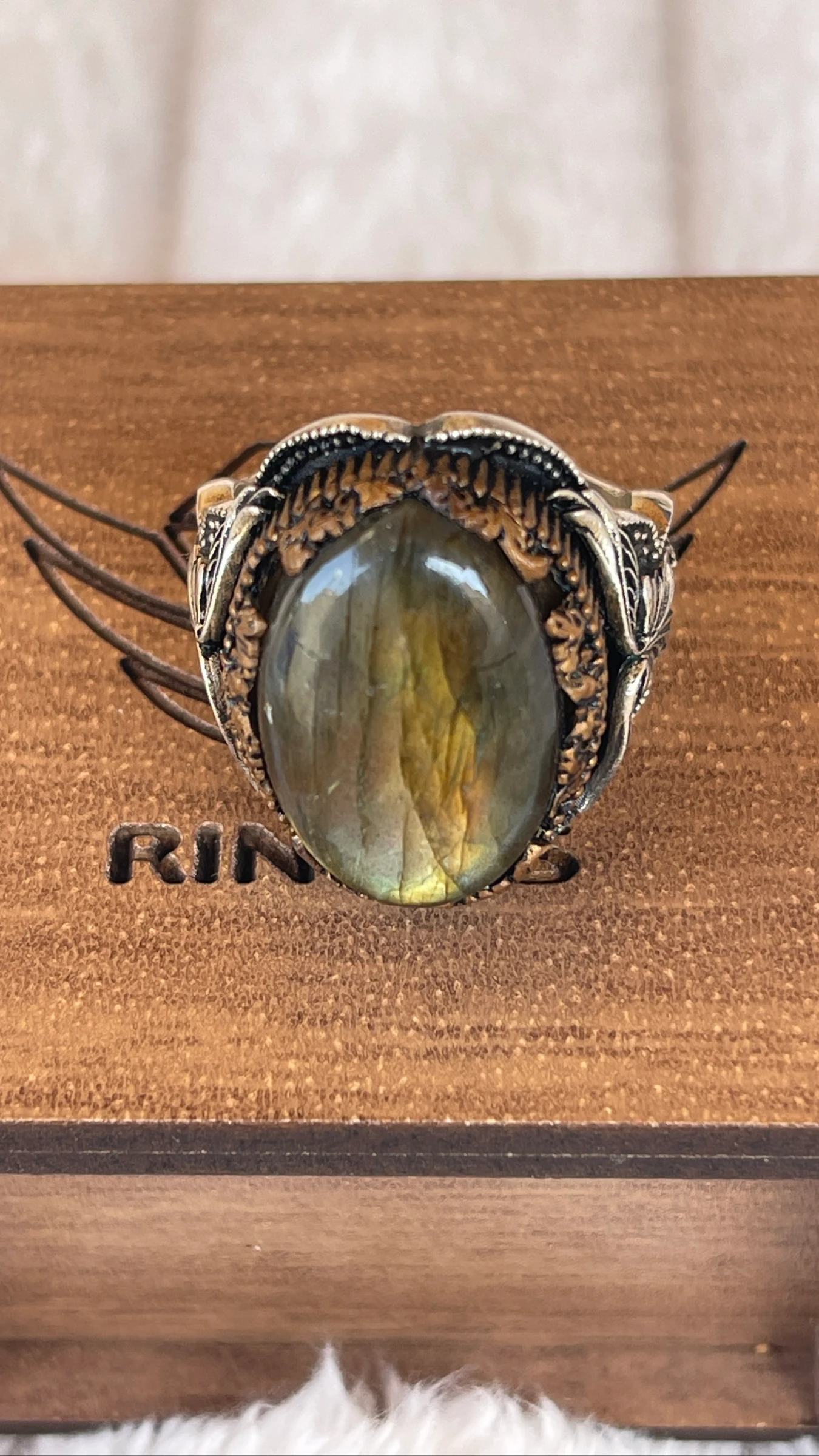Anillo RINROS Plata de Ley 925 • Labradorita Natural • Vintage Gótico Otomano • Talla 22